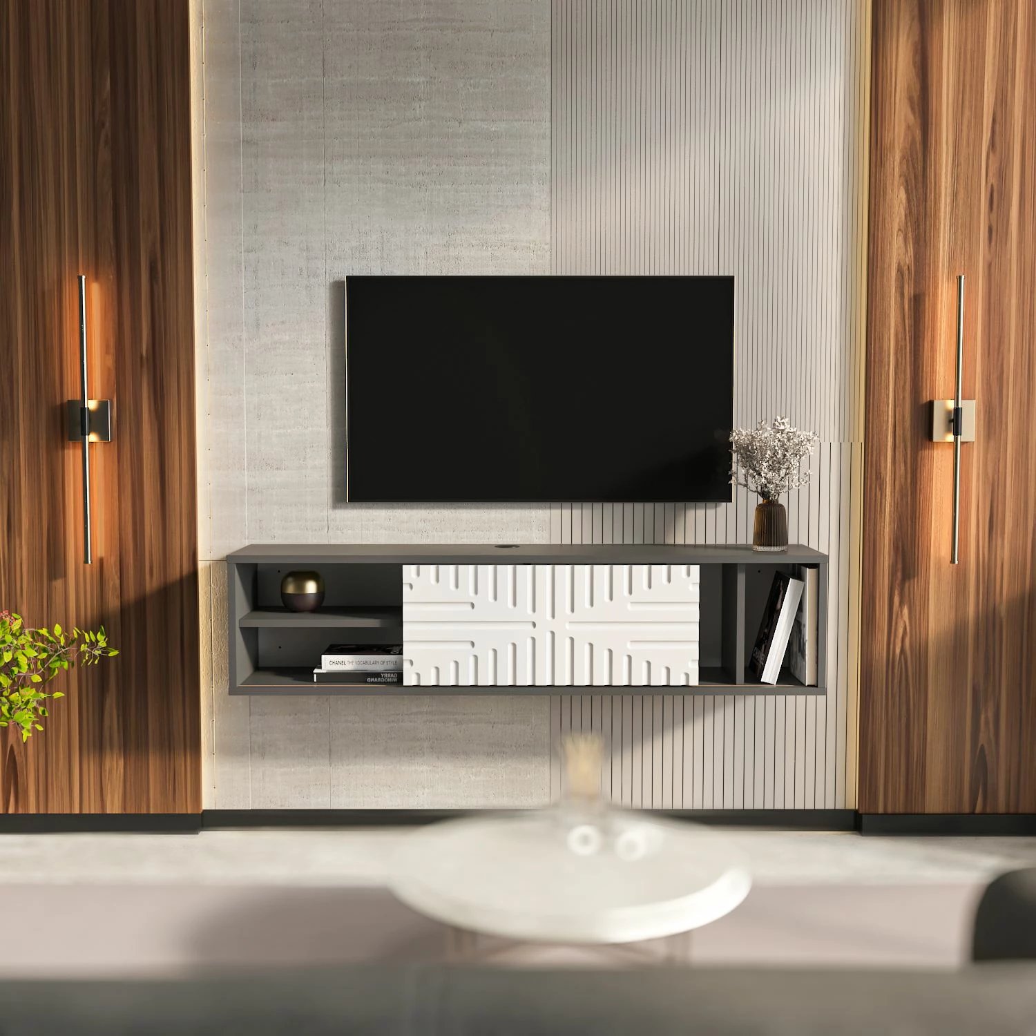 Komodë TV lëvizëse Teo, ngjyrë antracit dhe e bardhë, Skye Decor