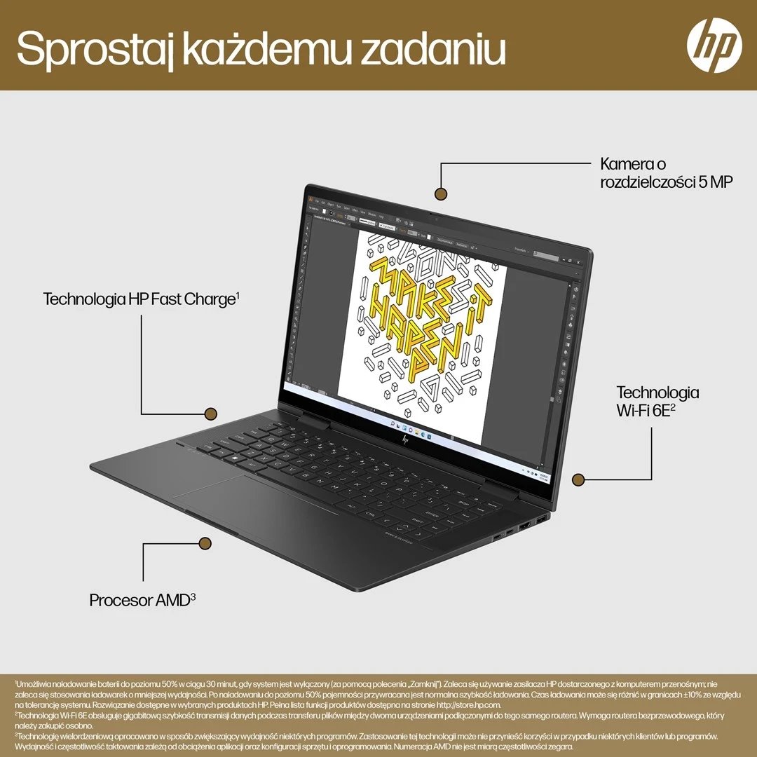 Laptop hibrid HP ENVY x360 15-fh0006nw, ekran prekës 15.6", Ryzen 5, 16GB RAM, 512GB SSD, zi