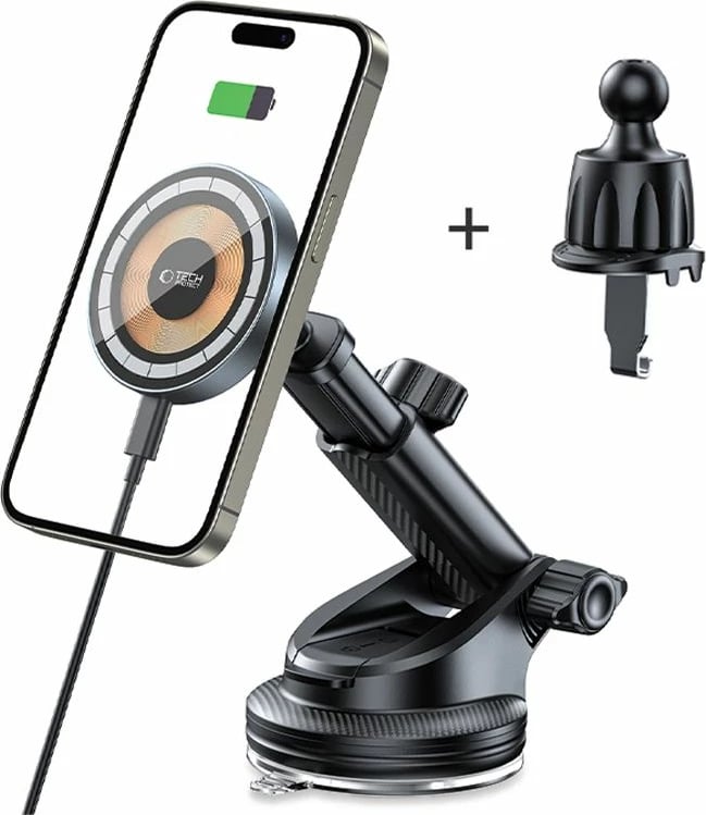 Mbajtës magnetik me karikues wireless Tech-Protect MM15W-V5 për veturë, MagSafe, 15W, i zi