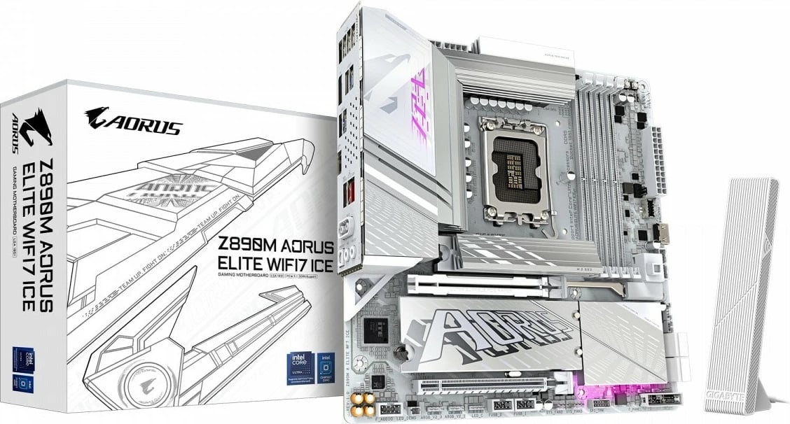 Pllakë amë Gigabyte Z890M A ELITE WF7 ICE, Intel Z890, LGA1851, micro ATX, DDR5, PCIe 5.0, USB4, Wi‑Fi 7, e bardhë