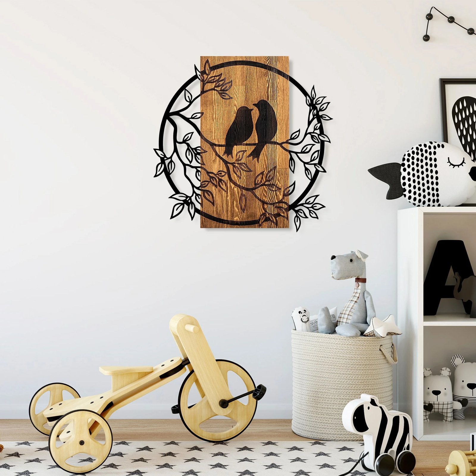 Aksesor dekorativ muri, dru arre dhe i zi, çift zogjsh, Wallity