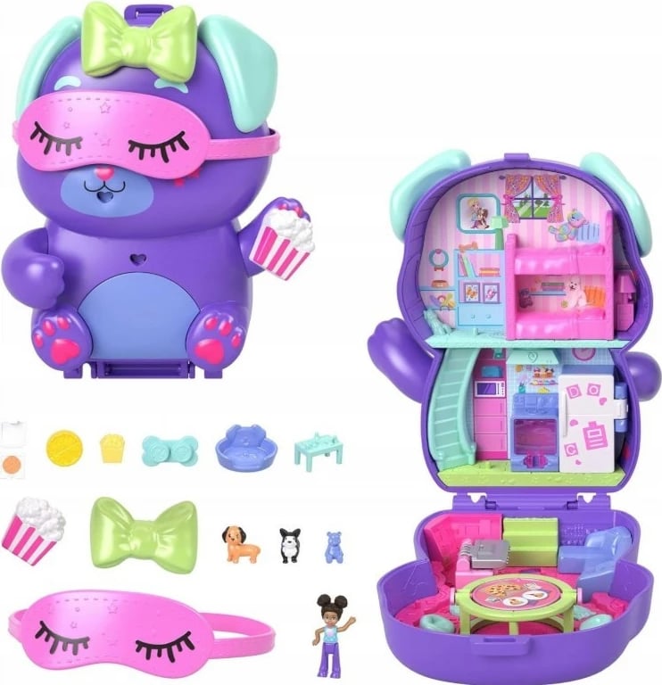 Set lodrash Polly Pocket Puppy Pajama Party, Mattel, JFG56/JCR38, me 1 kukull, 2 qenushë dhe 10 aksesorë, shumëngjyrësh