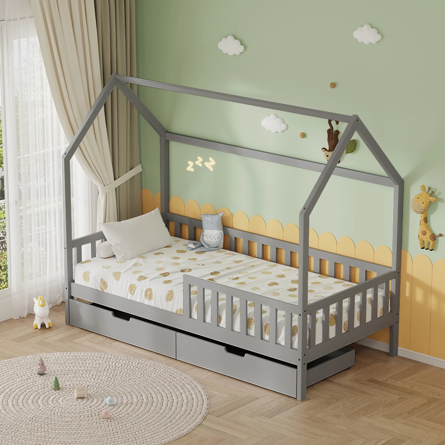 Krevat fëmijësh me sirtarë PHYLLIS FH724.05, dru pishe, ngjyrë gri, 196x97x161cm