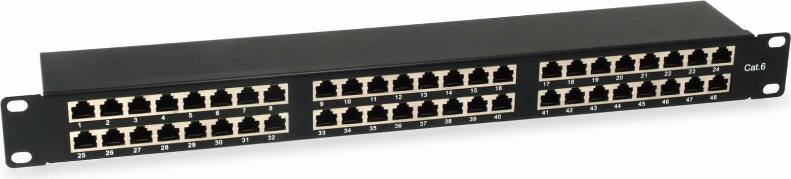 Patch panel Equip 48-portë, Cat6, 1U, i zi, rack mounting