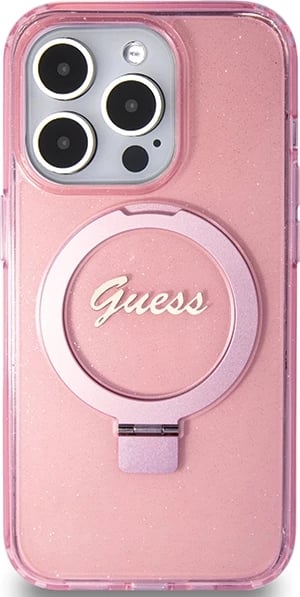 Mbështjellës Guess Ring Stand Script Glitter MagSafe për iPhone 15 Pro, Rozë