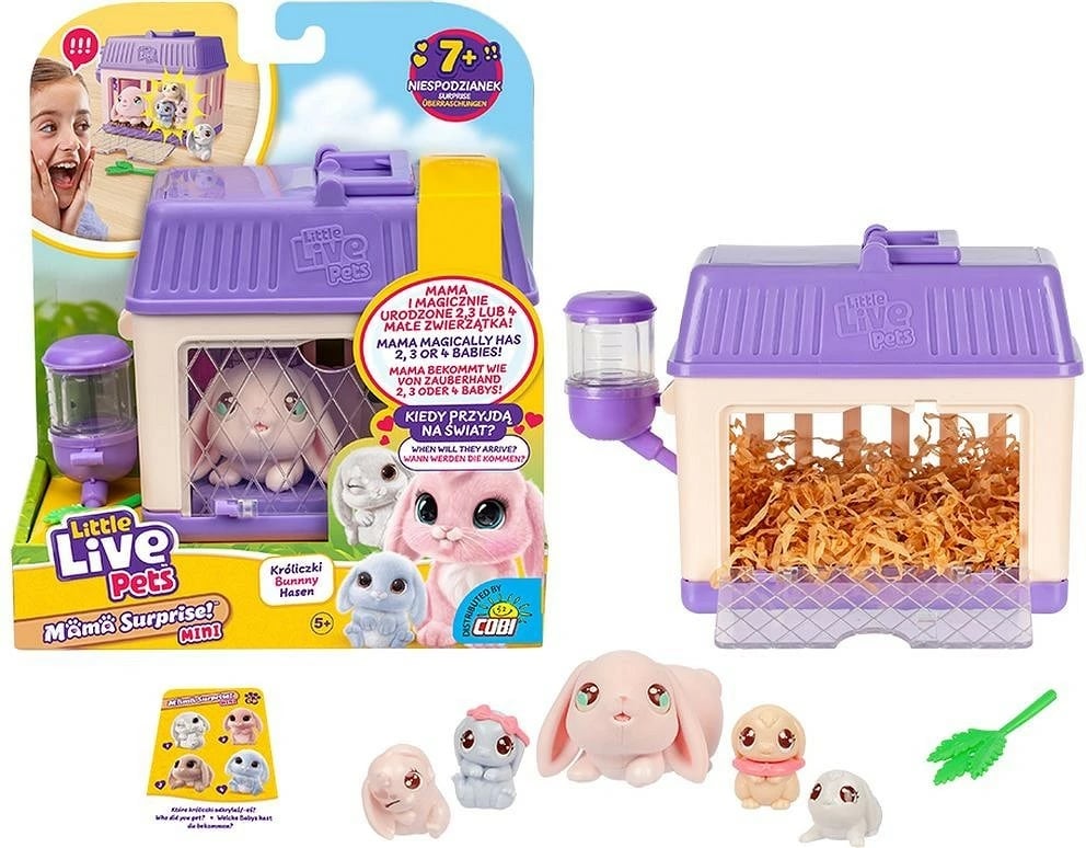 Set lodrash Little Live Pets Mama Surprise Mini Bunny, Cobi, MO-26625, me kafaz dhe lepurusha të vegjël, vjollcë