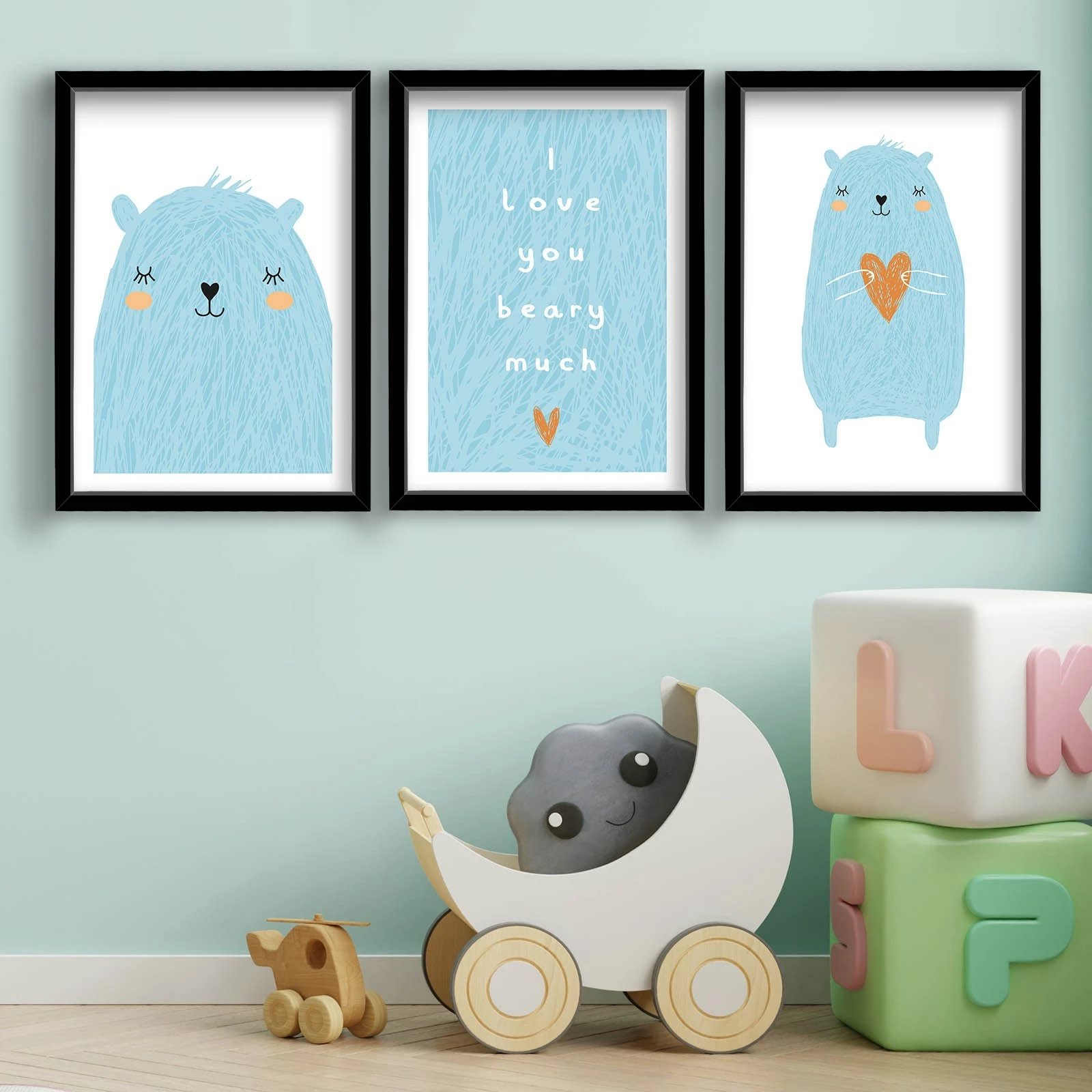 Set pikturash dekorative me kornizë MDF, 3 pjesë, Wallity, 3P3853SCT-003, ngjyrë kaltër dhe bardhë