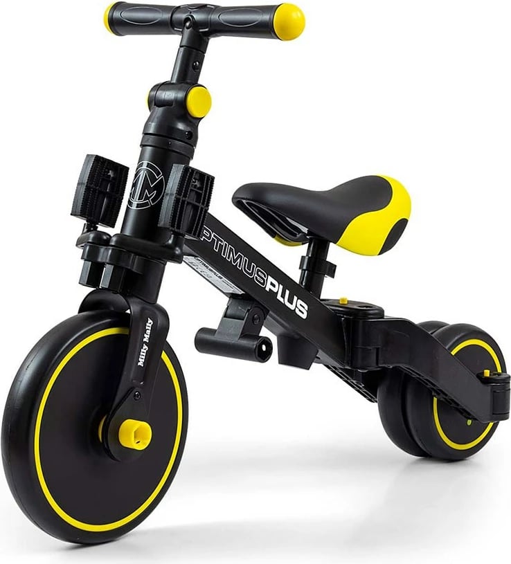 Tricikel 4n1 me shufër drejtimi, Milly Mally Optimus Plus, rrota EVA, kornizë çeliku, për 12m+, deri 25 kg, e zezë