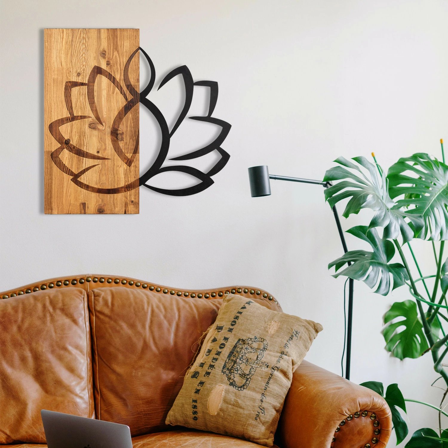 Aksesor dekorativ për mur, dru dhe metal, lotus, Wallity, ngjyrë e zezë dhe arre, 58x58cm