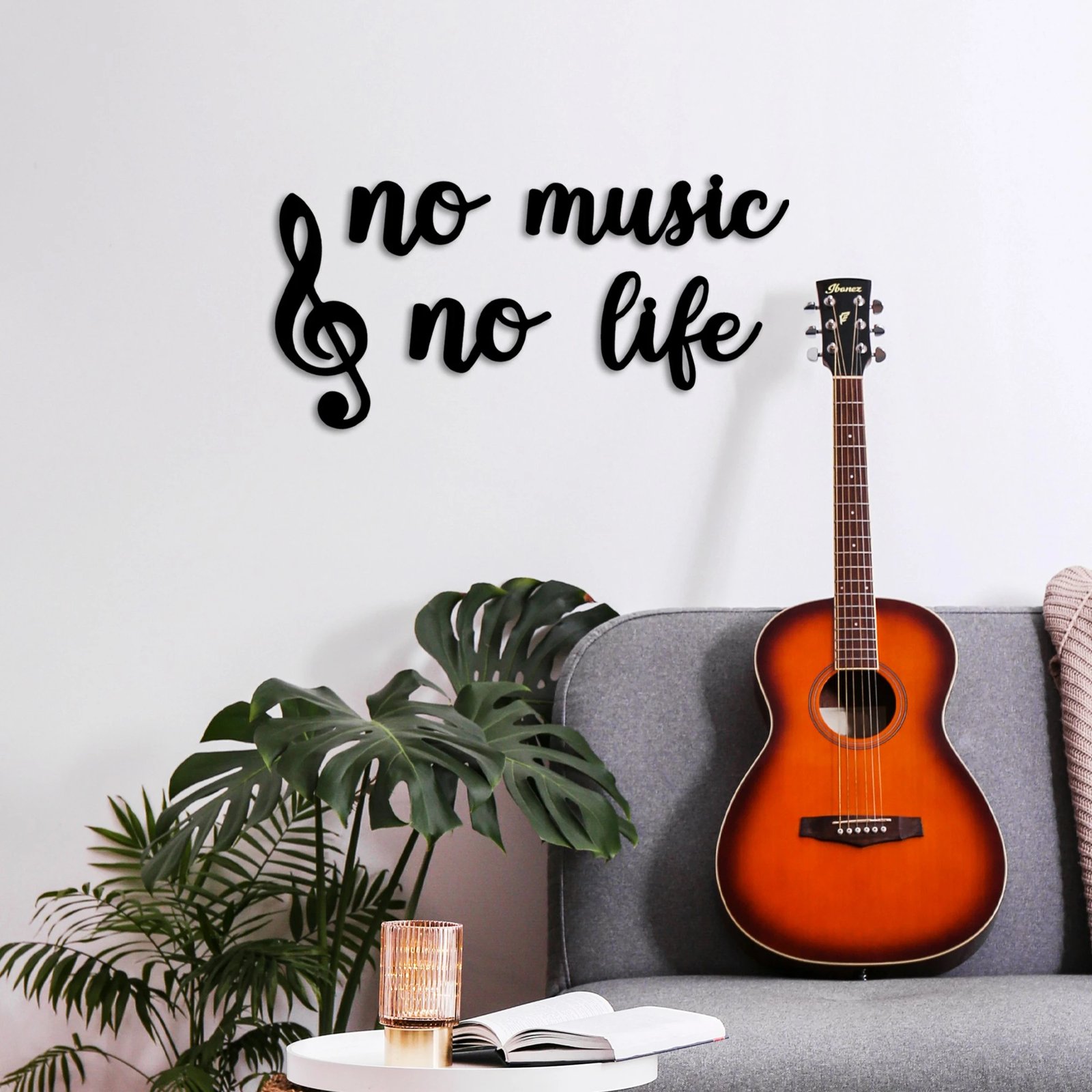 Aksesor dekorativ metalik për mur, Wallity, No Music No Life, ngjyrë e zezë, set me disa pjesë