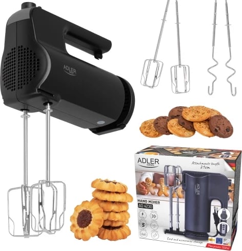 Mikser dore, Adler AD 4230, 300W 5 shpejtësi Turbo me sirtar aksesorësh, i zi