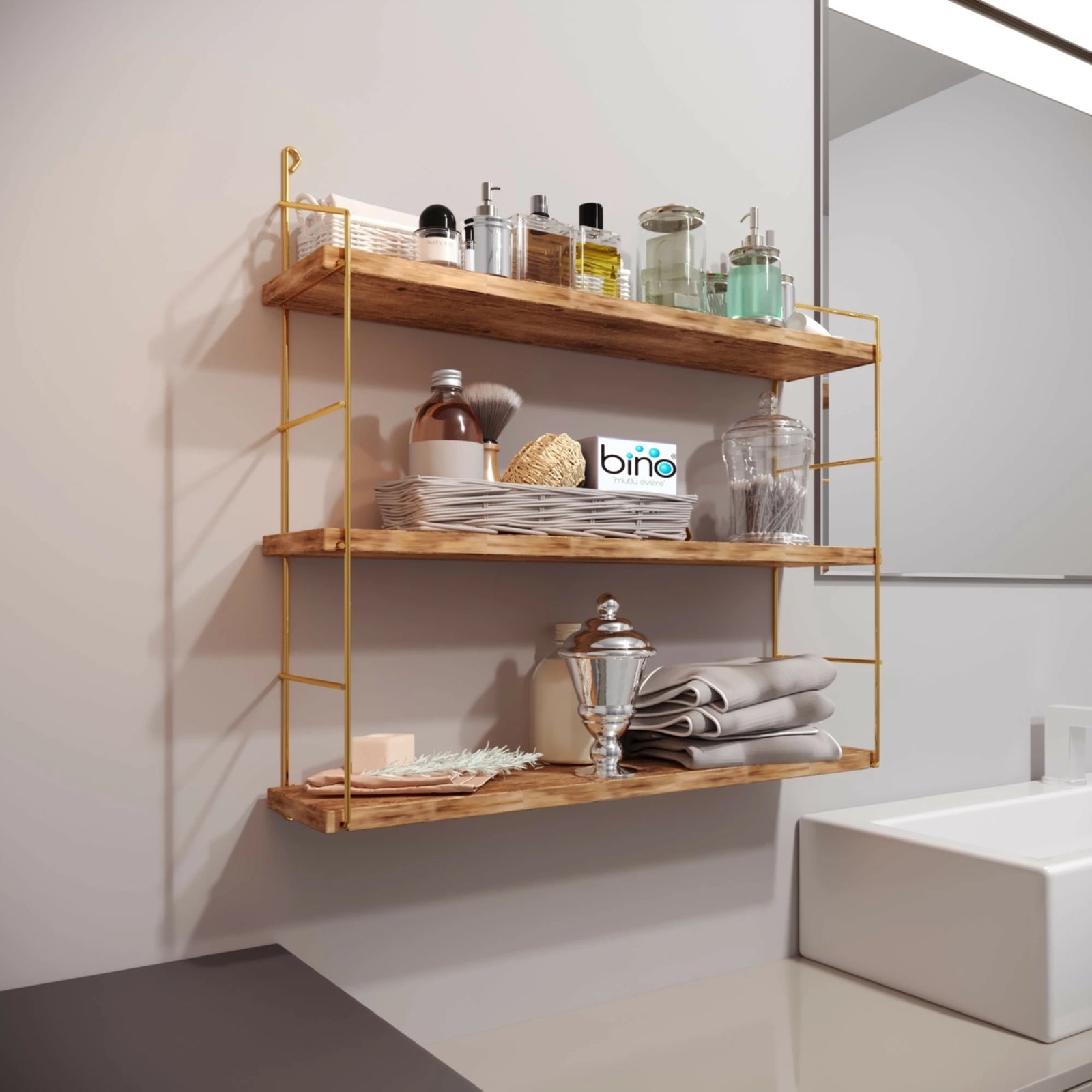 Raft muri Hanah Home, 3 pjesë, ngjyrë ari dhe kafe, 60x16x62 cm