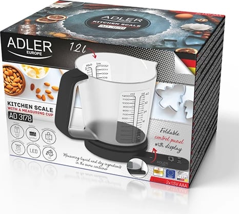 Peshore kuzhine, Adler AD 3178, 5 kg 1 g, gotë matëse 1200 ml, njësi g/oz/ml, ekran LED i bardhë, e zezë