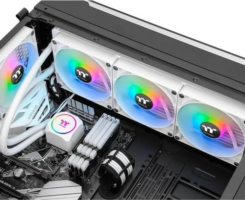 Kasë ftohje me ujë Thermaltake TH420 ARGB Snow, 3x140mm, bllok bakri, e bardhë