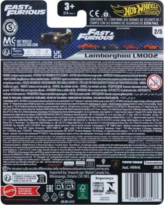 Maket makine 1:64, Hot Wheels Fast & Furious, Lamborghini LM002 HNW46/JBL86, metal me goma Real Riders, e zezë