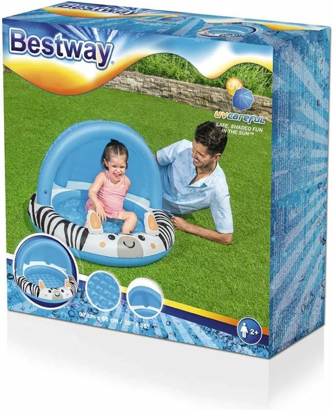 Pishinë fryrëse për fëmijë me kupolë, Bestway Zebra, 97x66 cm, dysheme e fryrë, 26 L, blu