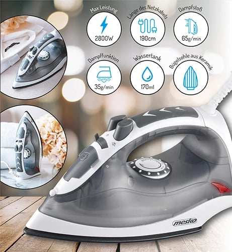 Hekur me avull, Mesko, 5037, 2800W, pllakë qeramike, depo uji 170 ml, gri