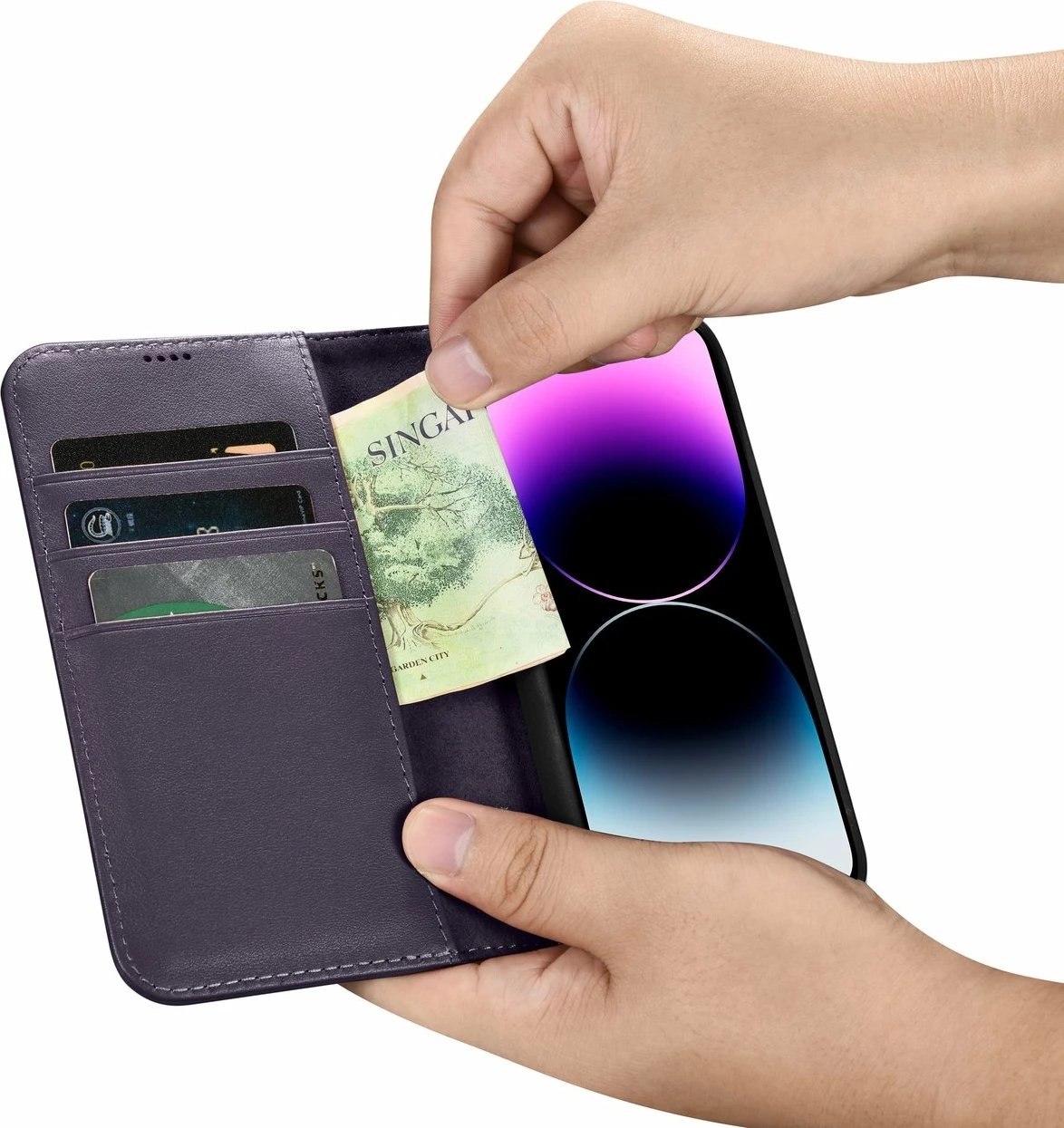 Mbështjellës iCarer Wallet Case 2in1 për iPhone 14 Pro Max, lëkurë natyrale, Anti-RFID, Vjollcë e errët