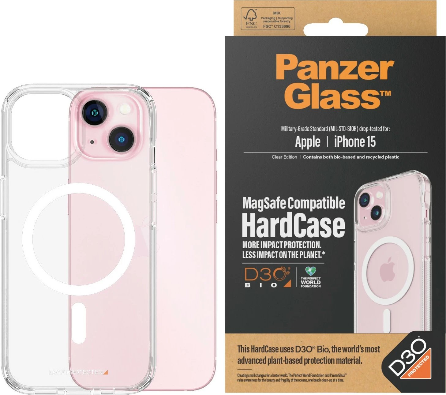 Mbështjellës PanzerGlass për Apple iPhone 15, transparent, MagSafe, D3O