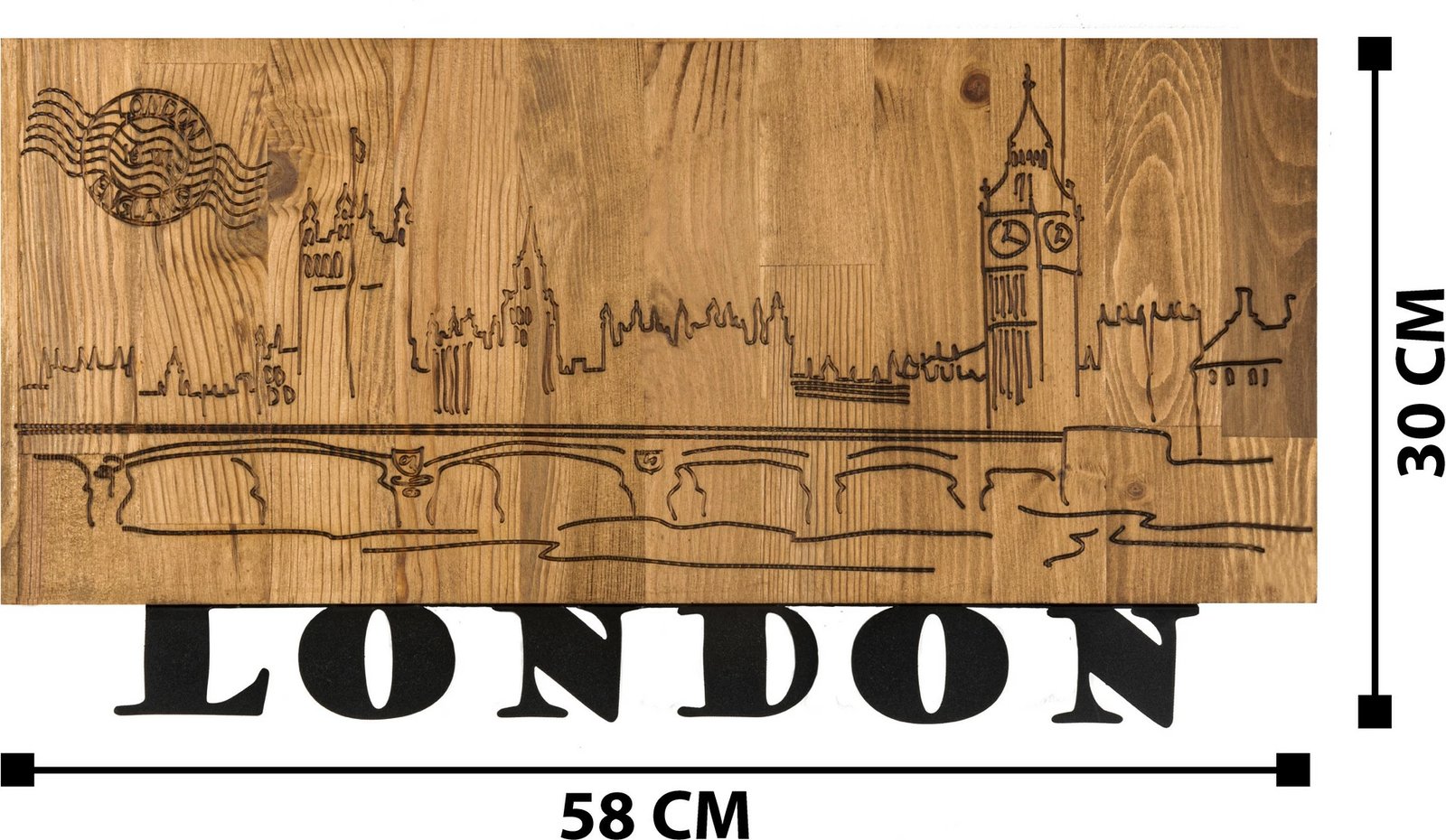 Aksesor dekorativ për mur, dru dhe metal, Wallity, London v2, ngjyrë e zezë dhe arre, 58x30cm