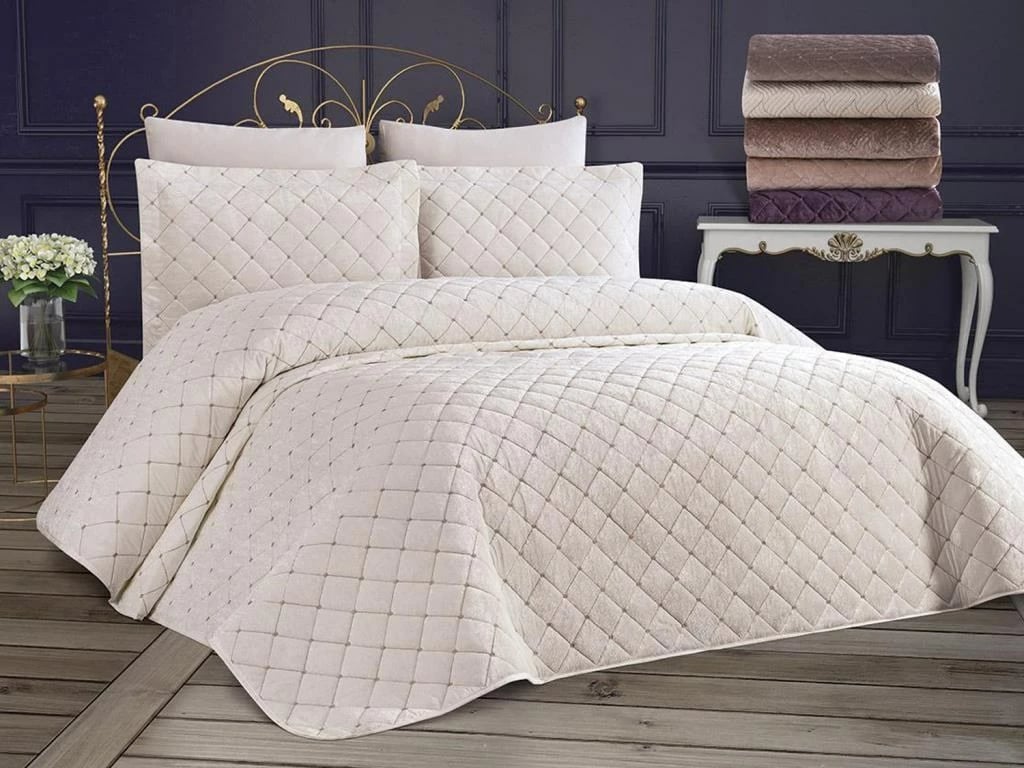 Set mbulesë krevati dopio, kadife, krem, L'essentiel, 250x260cm, 2 jastëkë