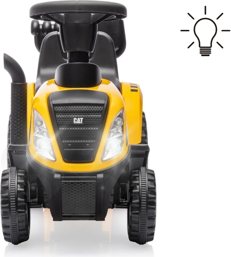 Traktor ride-on, Milly Mally, CAT Tractor 5766, me rimorkio, drita e tinguj, timon me borí, 6 rrota, verdhë/zi, set me lopatë dhe grabujë