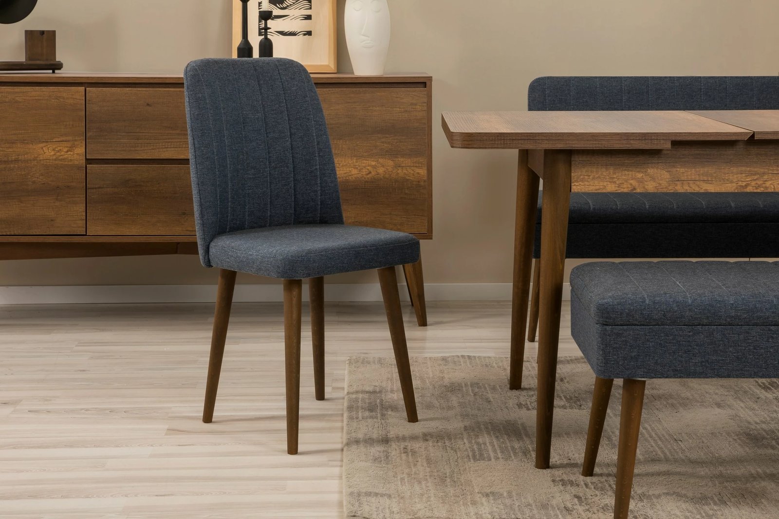 Set tavoline zgjeruese me karrige e konsol (6 pjesë), Skye Decor, Vina Bench 04 1048, ngjyrë arre, blu e errët