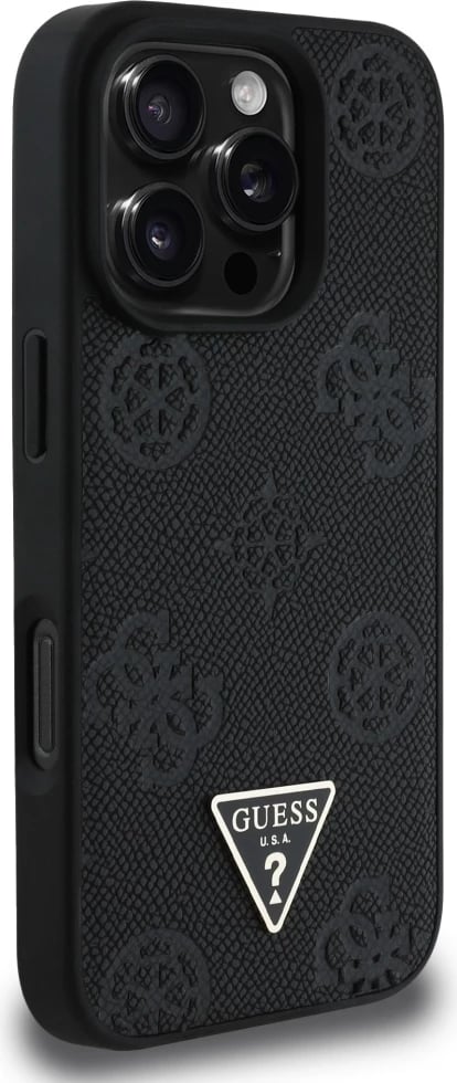 Mbështjellës Guess Grained Hot Stamp Peony Triangle Logo MagSafe për iPhone 16 Pro, Zi