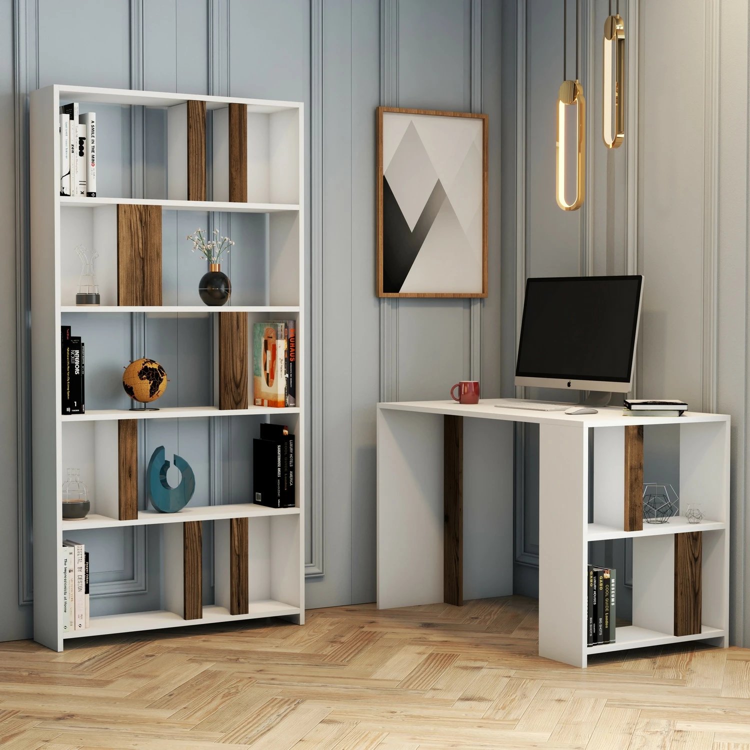 Tavolinë studimi me raft librash, Skye Decor, e bardhë dhe arre