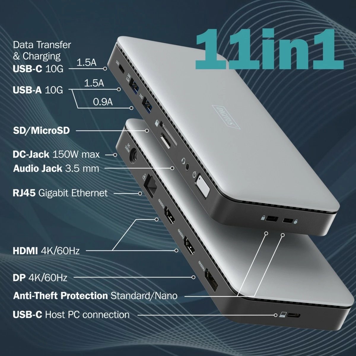 Kasë docking Digitus DA-70917, 11 porta, USB Type-C, 2x HDMI, 1x DisplayPort, 4K/60Hz, 150W, Zezë/Gri