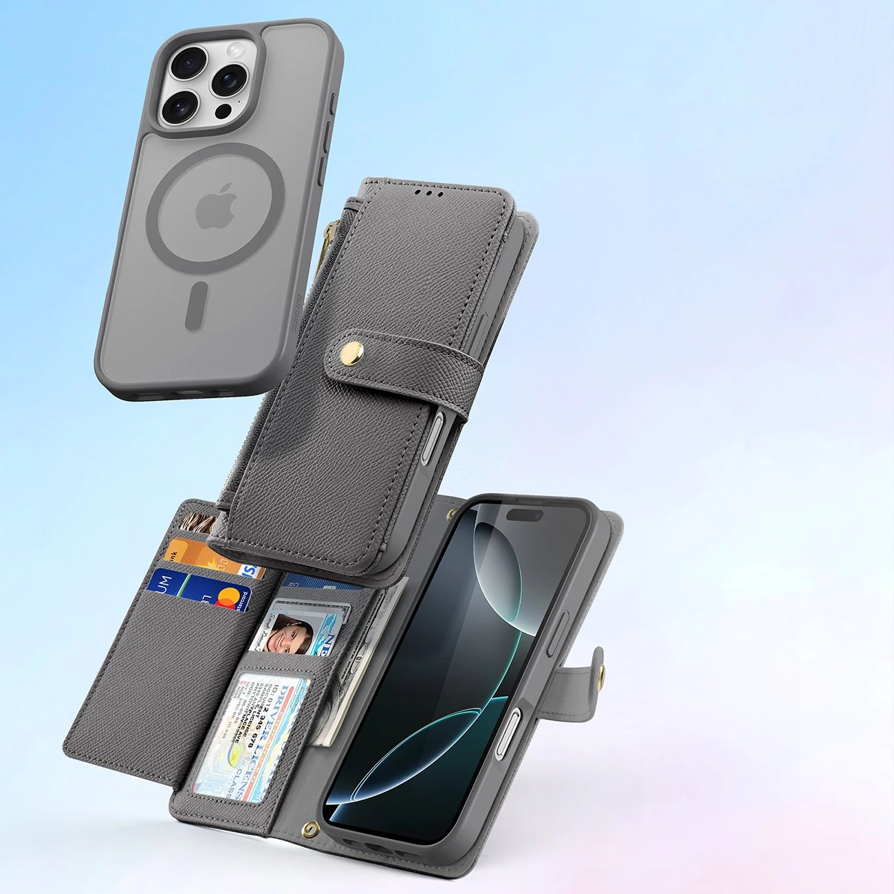 Mbështjellës Dux Ducis Lawa për iPhone 16 Pro Max, me portofol magnetik të ndashëm, Gri