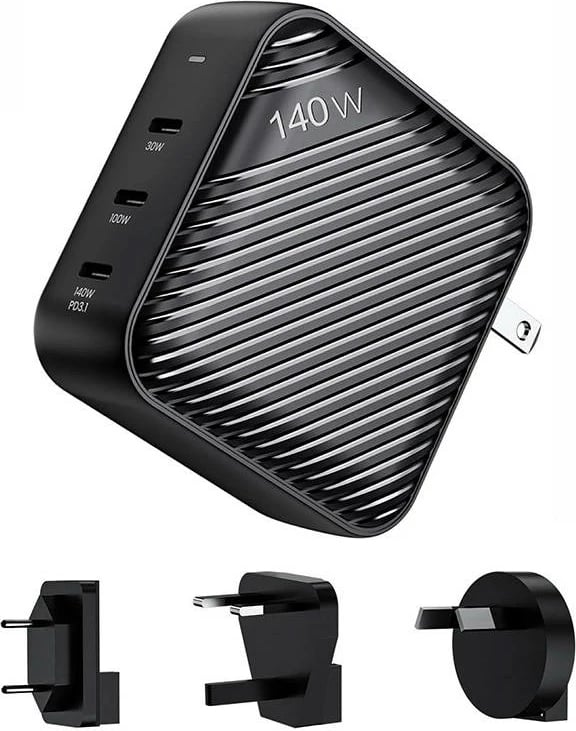 Karikues rrjeti INVZI GanHub, 3x USB-C, 140W, me përshtatës EU/UK/AU/US, i zi