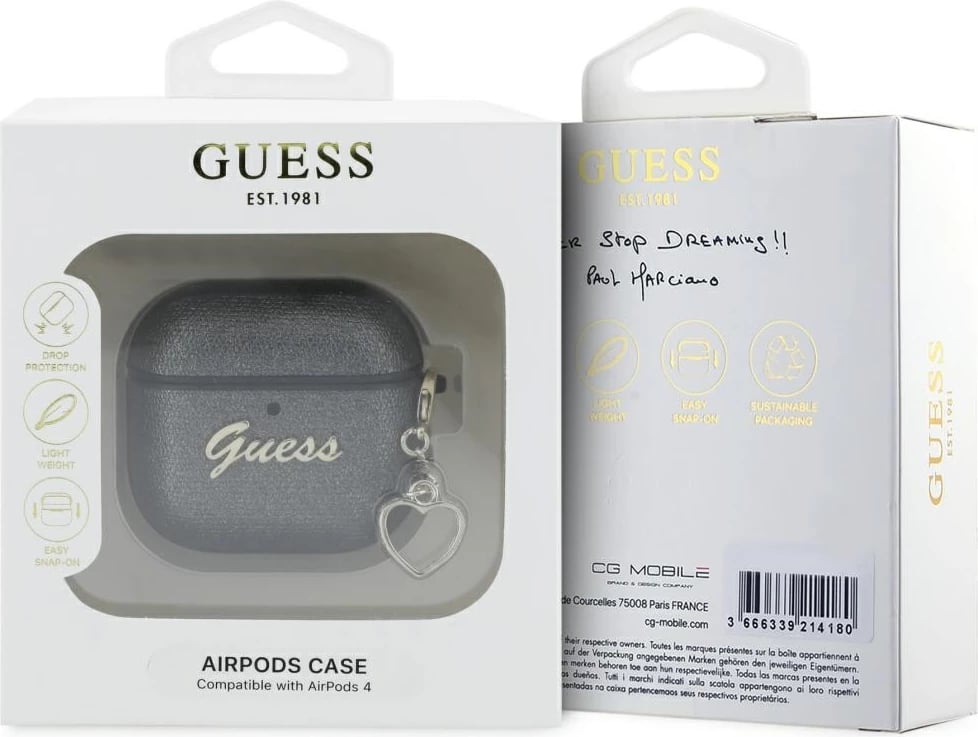 Mbështjellës Guess Metallic Script Charm për AirPods 4, i zi