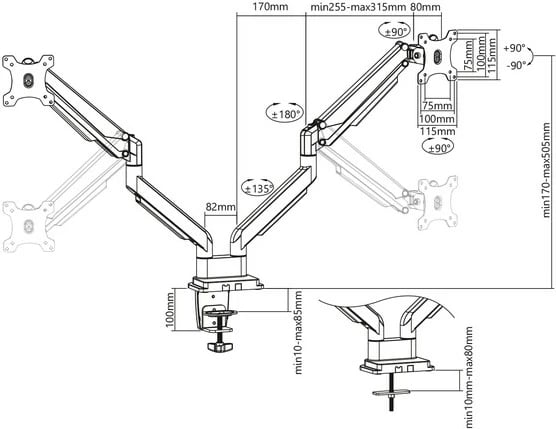 Krah tavoline për dy monitorë Digitus DA-90395, 15-32", i zi mat Krah tavoline për dy monitorë Digitus DA-90395, 15-32", i zi mat