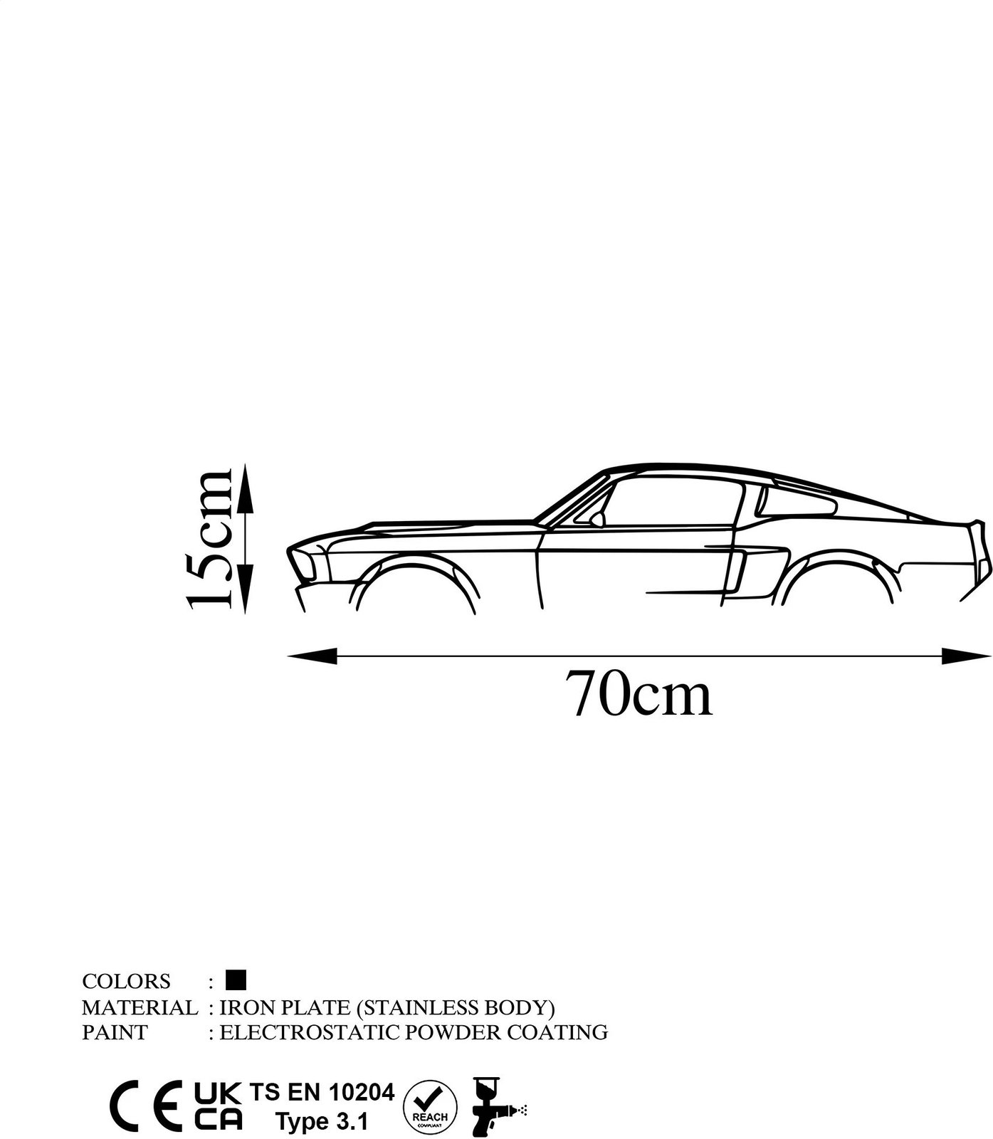 Aksesor dekorativ metalik për mur, siluetë Ford Mustang Shelby GT500, 70x15cm