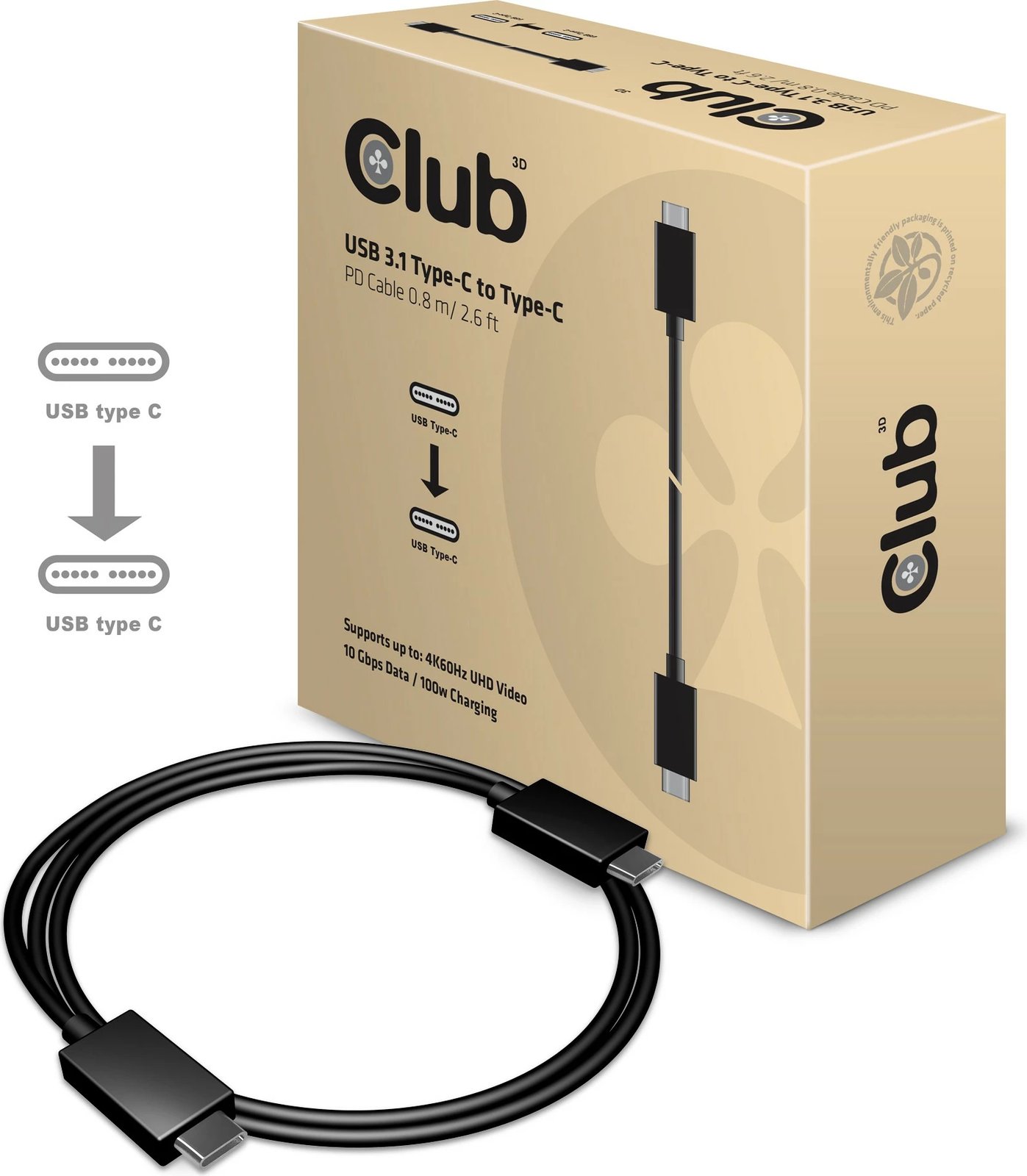 Kabllo USB Type-C Club3D 0.8m Power Delivery, e zezë