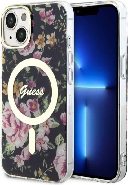 Mbështjellës Guess GUHMP14MHCFWSK për iPhone 14 Plus 6.7", Flower MagSafe, zi