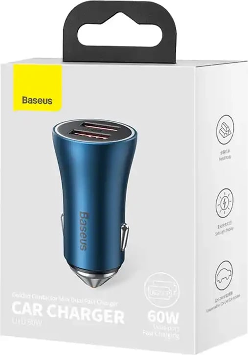 karikues veture, Baseus, Golden Contactor Max CGJM000003, 2x USB Type-A, 60W, mbështetje QC/PD/SCP, blu
