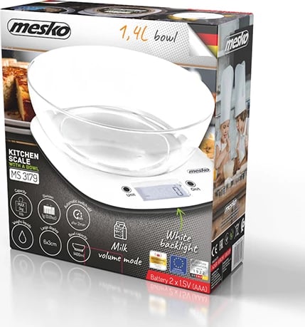 Peshore kuzhine, Mesko, MS 3179, kapacitet 5 kg, saktësi 1 g, me tas 1.4 L, e bardhë
