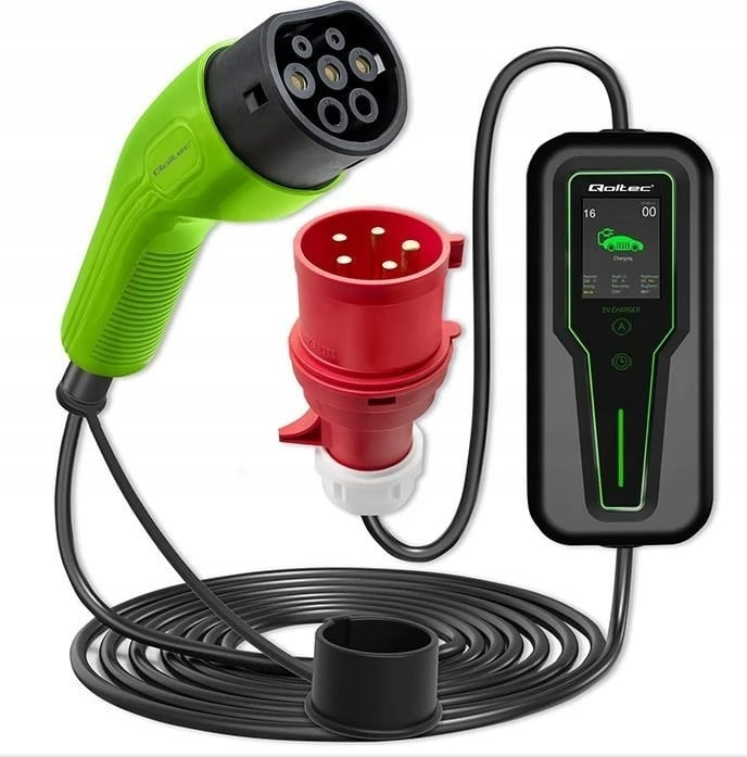 Karikues portativ për vetura elektrike Qoltec, 52468, 3.5kW, 5m, me ekran LCD, Jeshil