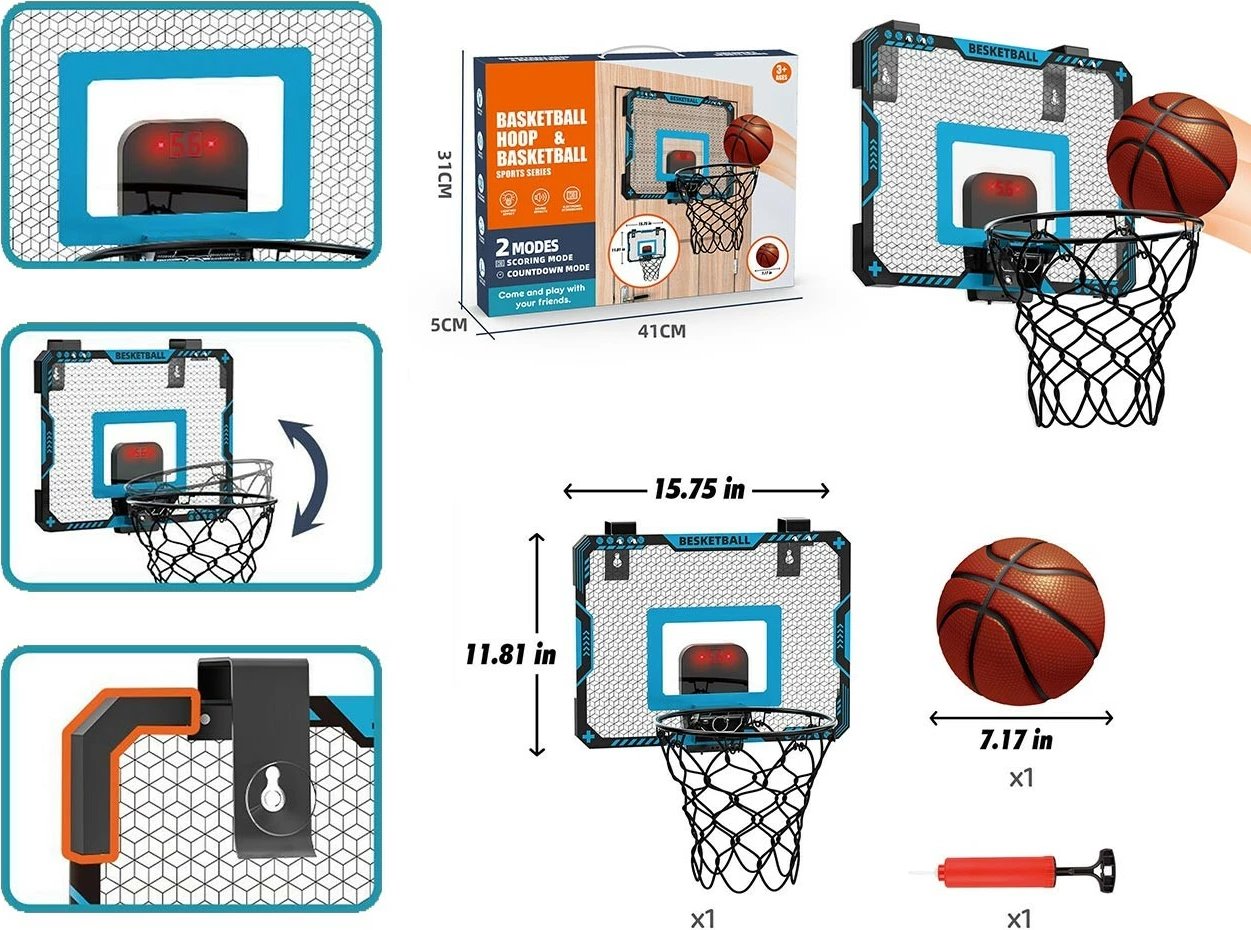 Set basketbolli Madej 011790 me tabelë 40x30cm, top 18cm, pompë, elektronik, zi/blu