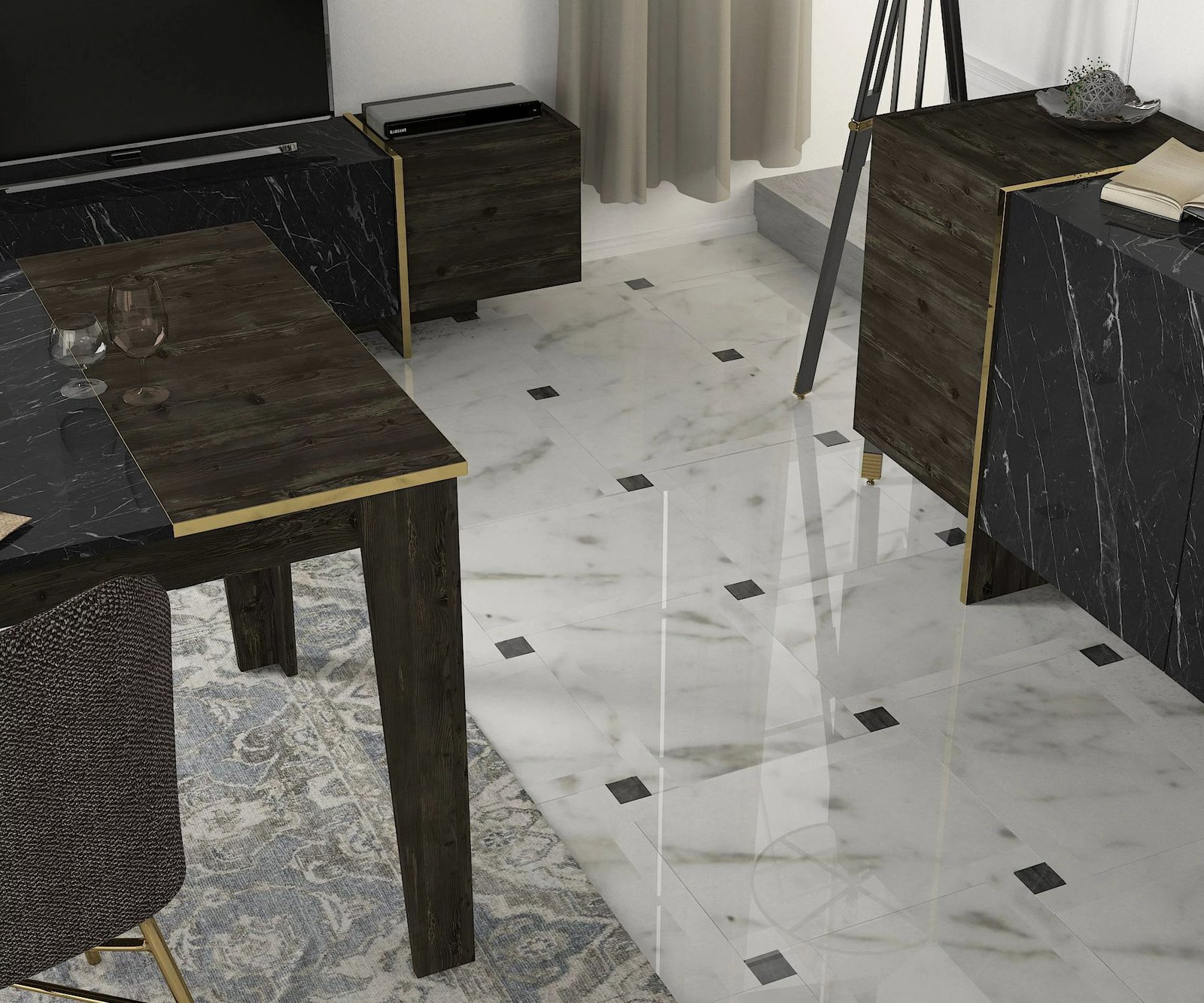 Set mobiljesh për dhomë dite, Skye Decor Veyron Set 3, ngjyrë e zezë dhe ari