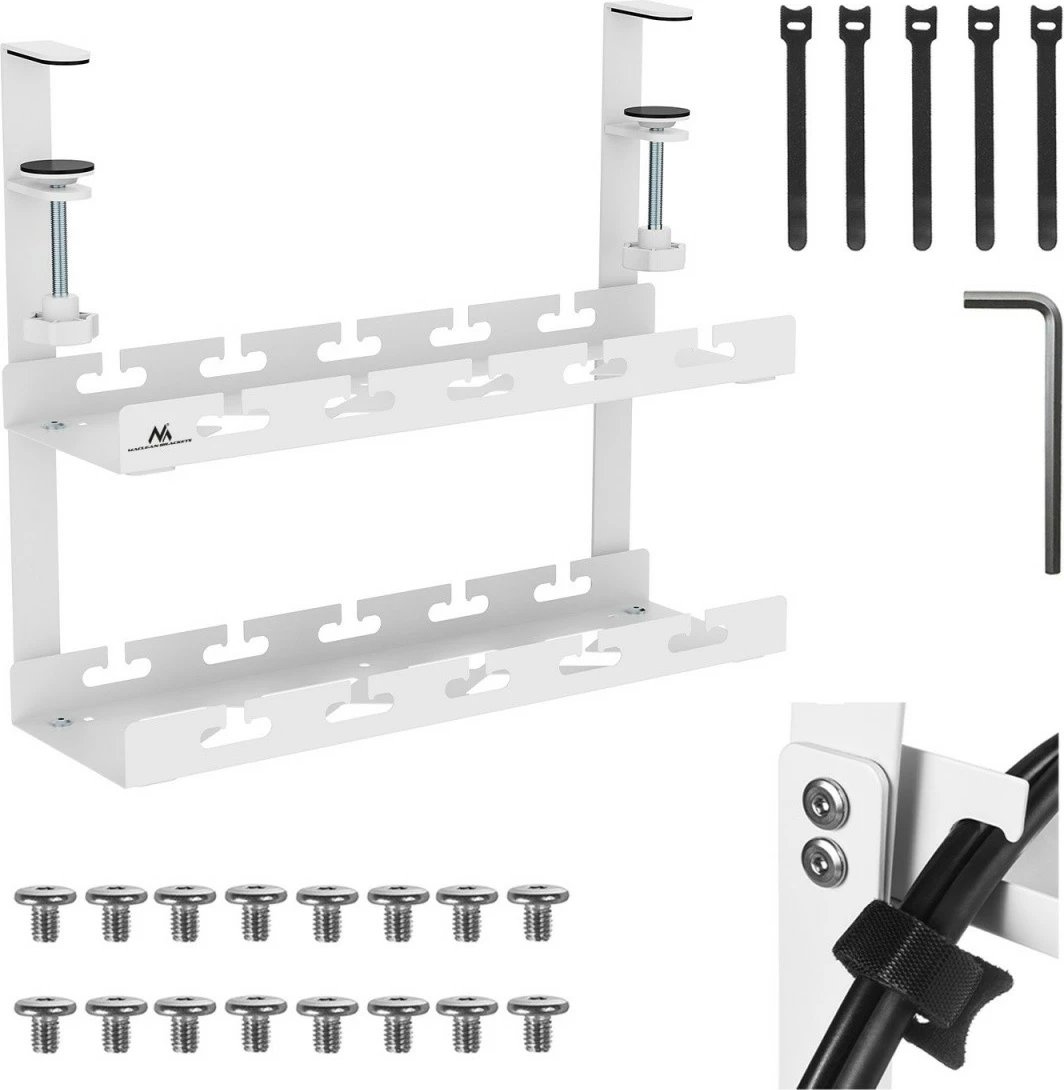 Organizues kabllosh nën tavolinë, Maclean MC-104W, 2 nivele, 40 cm, kapje me klema, ngarkesë 5 kg, i bardhë Organizues kabllosh nën tavolinë, Maclean MC-104W, 2 nivele, 40 cm, kapje me klema, ngarkesë 5 kg, i bardhë