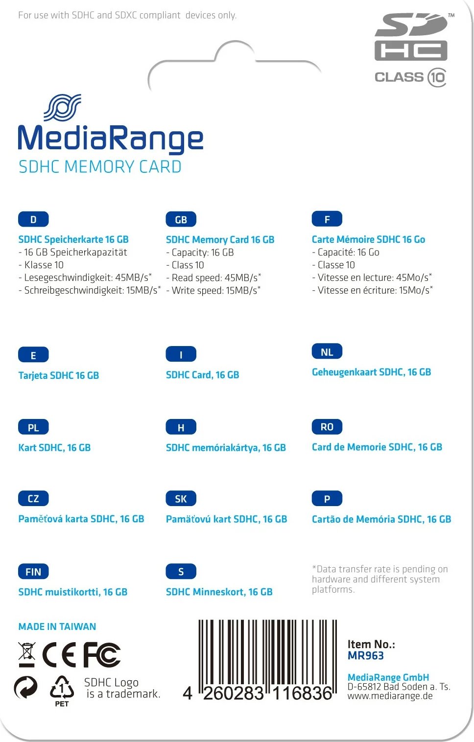 Kartelë memorie SDHC MediaRange MR963, 16 GB, Class 10, kaltër
