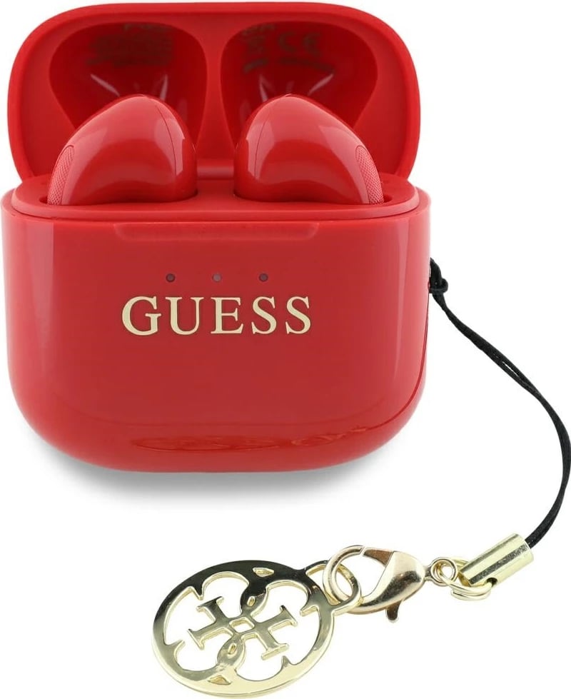 Kufje TWS Guess Glossy Effect me logo dhe varëse, Bluetooth 5.4, të kuqe