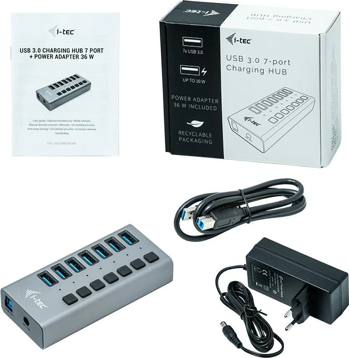 Kasë USB 3.0 i-tec U3CHARGEHUB7 me 7 porta, 36W, Gri