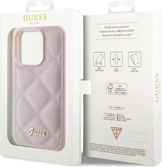 Mbështjellës Guess Quilted Metal Logo për iPhone 15 Pro, Rozë Mbështjellës Guess Quilted Metal Logo për iPhone 15 Pro, Rozë