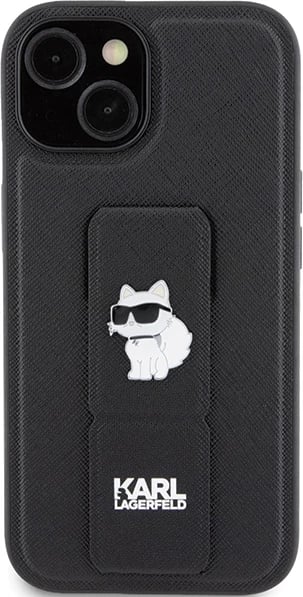 Mbështjellës Karl Lagerfeld Gripstand Saffiano Choupette Pins për iPhone 15 Plus / 14 Plus, i zi