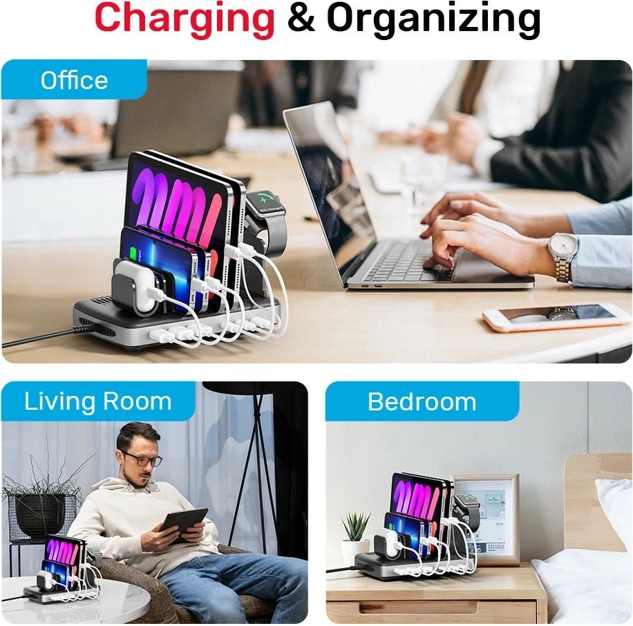 Stacion ngarkimi Unitek, 3 x USB-A 20W, 3 x USB-C PD 60W, 80W, e zezë