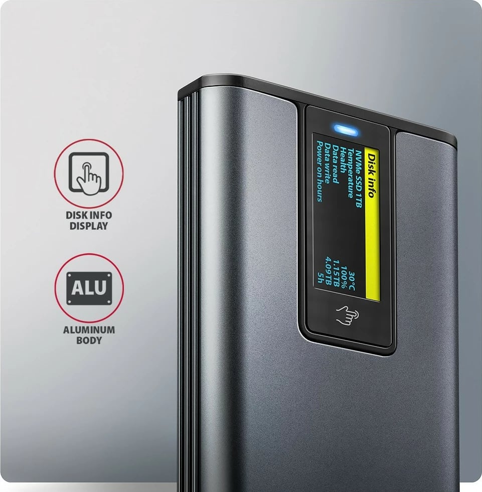 Kasë e jashtme AXAGON EEM2-SD2, për SSD M.2 NVMe/SATA, USB-A/C 3.2 Gen2, ekran LCD, Gri